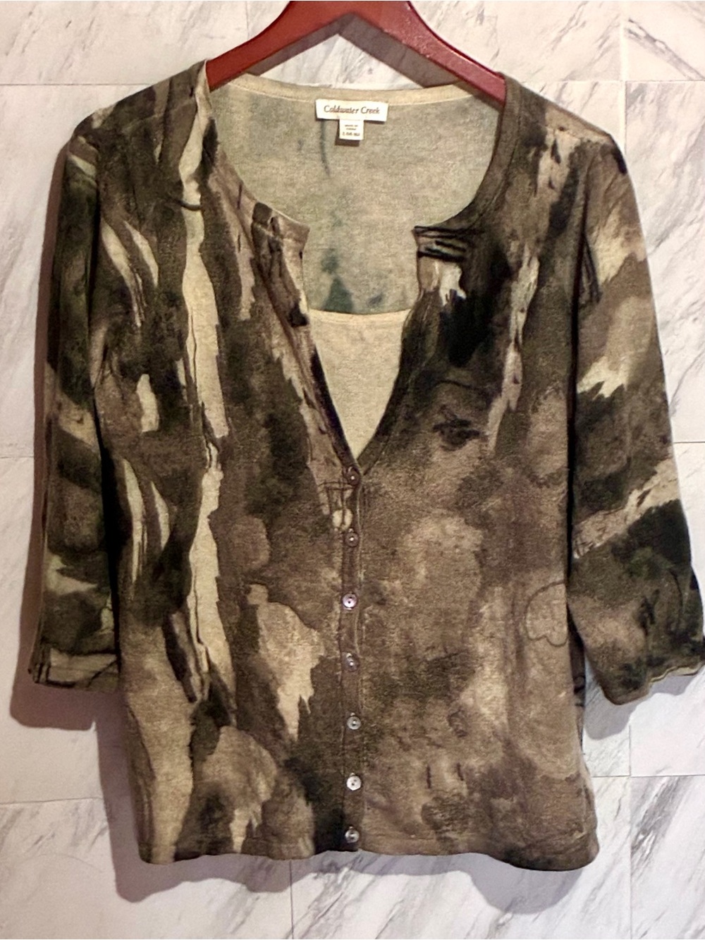 Coldwater Creek Cardigan in Olive and Tan Camo Print